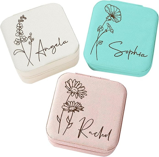Corissy Personalized Jewelry Box for Women, Custom Travel Jewelry Case with Name and Birth Flower, Leather Jewelry Box for...