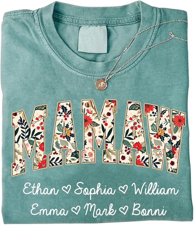 Personalized Floral Mama Grandma Shirt with Kids Name, Custom Gifts for Mom Grandma, Mother’s Day Shirt for Women
