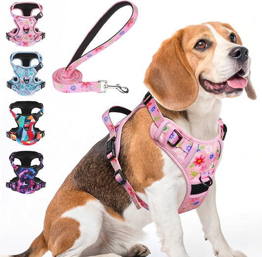 BEAUTYZOO No Pull Dog Harness and Leash Set with 2 Metal Leash Clips - Overhead-Free 3 Snap Buckles Design, Adjustable No-...