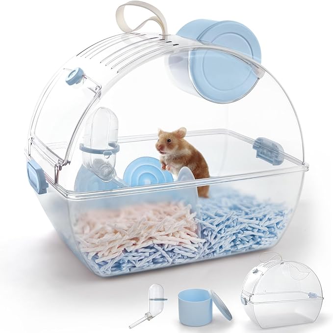 Small Portable Hamster Cages,Big Size(13×8.2×10.8'') Hamster Carrier with Water Bottle,Dwarf Hamster Travel Cage with Stor...