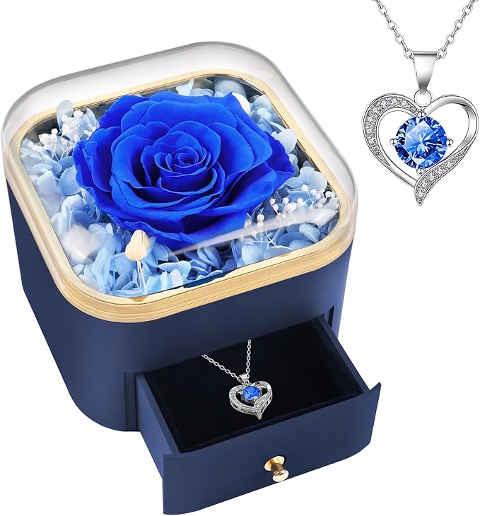 Beferr Gifts for Mom Preserved Real Blue Rose with Necklace Eternal Roses Forever Flowers for Delivery Christmas Anniversa...