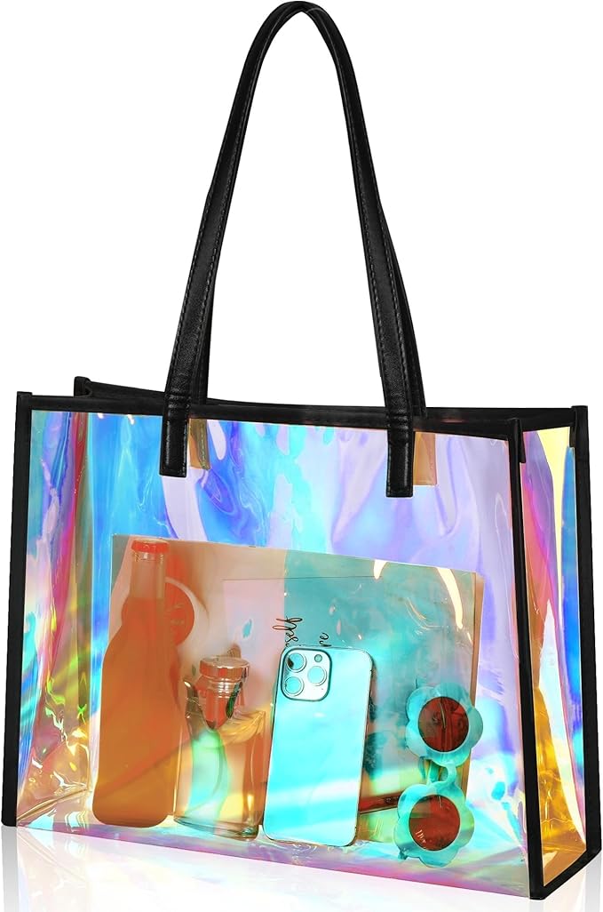 Aliceset Holographic Clear Tote Bag with Leather Handle Iridescent Bachelorette Beach Bag for Work Stadium Travel | with L...