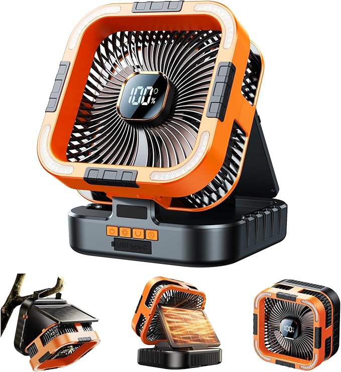 KIMMOO Solar Camping Fan with Light-10000mAh Rechargeable Portable, 6 Speeds, Digital Display, Timer, 120° Oscillation, Co...