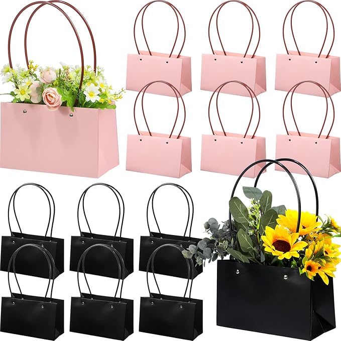 Teling 12 Pcs Kraft Flower Gift Bags Graduation Bouquet Paper Bags with Handle Waterproof Empty for Flowers Rectangle Flor...