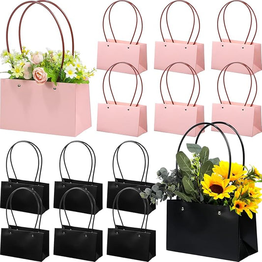 Teling 12 Pcs Kraft Flower Gift Bags Graduation Bouquet Paper Bags with Handle Waterproof Empty for Flowers Rectangle Flor...