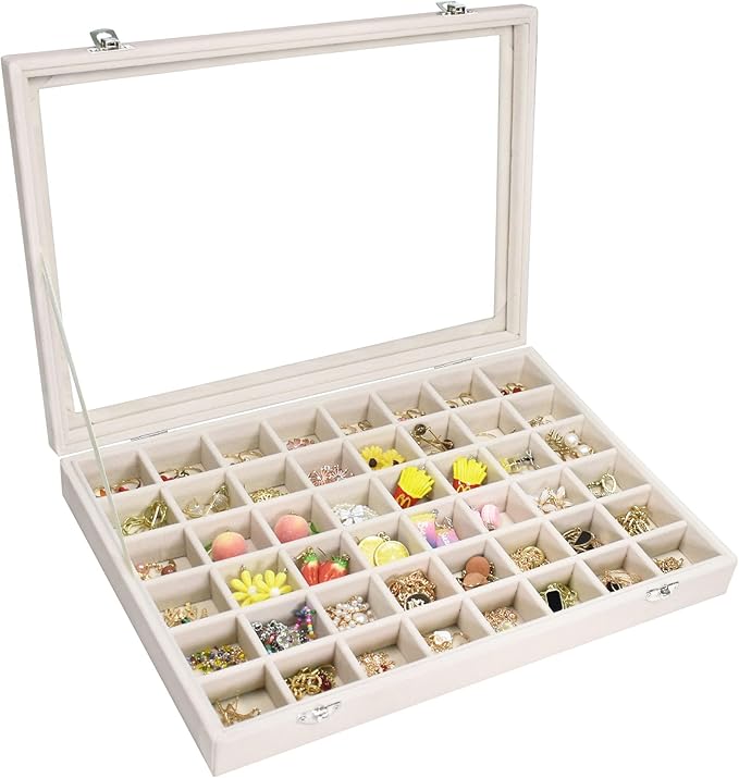 Vicoter Velvet Jewelry Tray 48 Compartments Jewelry Display Organizer with Transparent Cover Rings, Earrings, Necklaces, P...