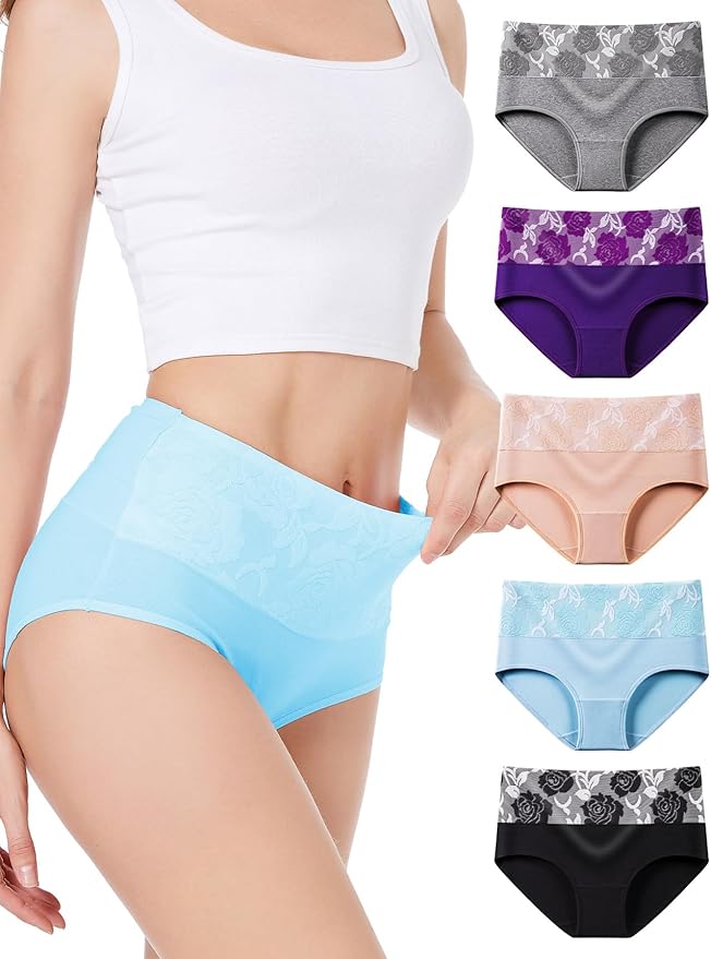 HAVVIS Women's Briefs Underwear Cotton High Waist Tummy Control Panties Rose Jacquard Ladies Panty Multipack
