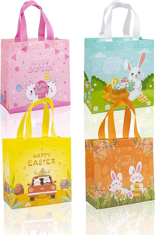 Jaywayang 4Pack Happy Easter Gift Bags, Easter Non-woven Bags with Handle for Kids, Reusable Goodie Bags, Rabbit Bunny Tre...