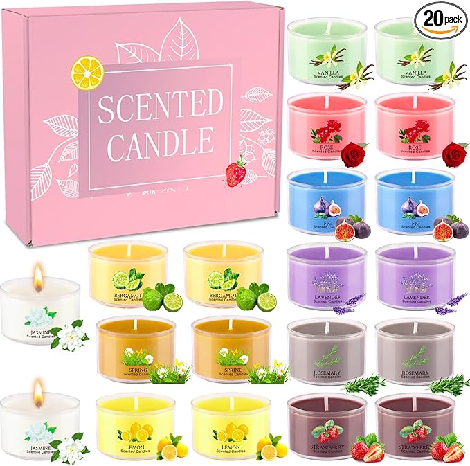 20 Pack Scented Candles, 1.6oz Mini Jar Holiday Gift Set with 10 Fragrances & Colors, Natural Soy Wax Aromatherapy Candles...