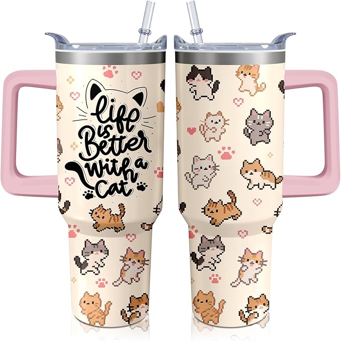 Xchearser Cute Cat Tumbler with Handle and Straw, 40oz Travel Coffee Mug Water Bottle with Lid, Stainless Steel Insulated ...
