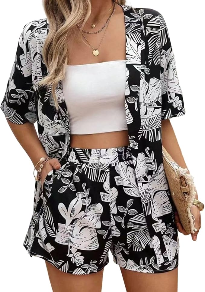 Two Piece Outfits Hawaiian Tropical Boho Floral Print Set Outfit Short Sleeve Beach Shirts & Shorts Summer Vacation Wear