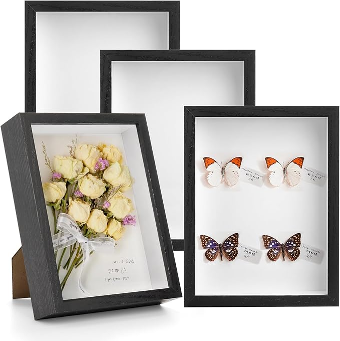 Hacaroa Set of 4 Shadow Box Picture Frame, 8 x 6 Inches Wood Frame Memory Display Case, 1.2 Inch Depth Shadow Boxes for Fl...