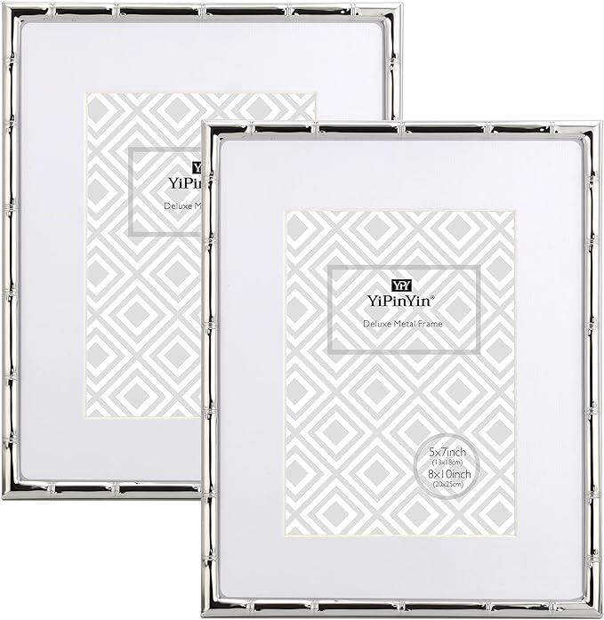 YiPinYin 8x10'' Bamboo Detail Designs Silver Metal Picture Frame with Mat for 5x7'' Set of 2,Narrow Silver Plated Photo Fr...