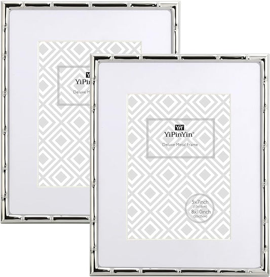 YiPinYin 8x10'' Bamboo Detail Designs Silver Metal Picture Frame with Mat for 5x7'' Set of 2,Narrow Silver Plated Photo Fr...