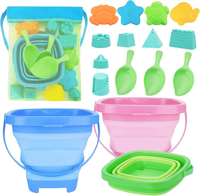 RACPNEL Collapsible Beach Toys for Kids, 3 Pack Foldable Sand Buckets and Shovels Set with Mesh Bag, Silicone Pails for Be...