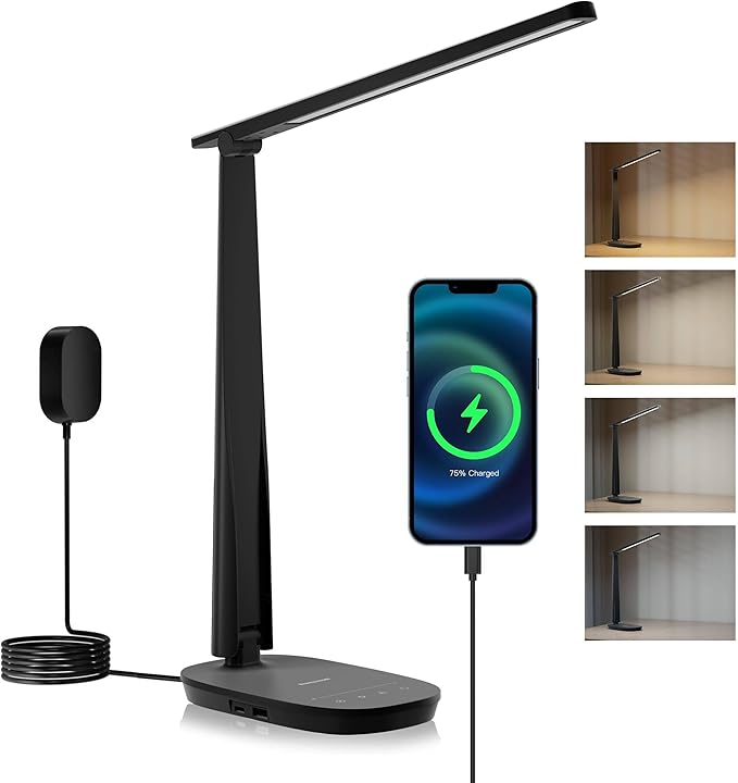 Honeywell HWT-H2 LED Desk Lamp, CRI94 Full Spectrum Eye-Caring Table Light, Foldable Dimmable 4 Color Modes with USB A+C C...