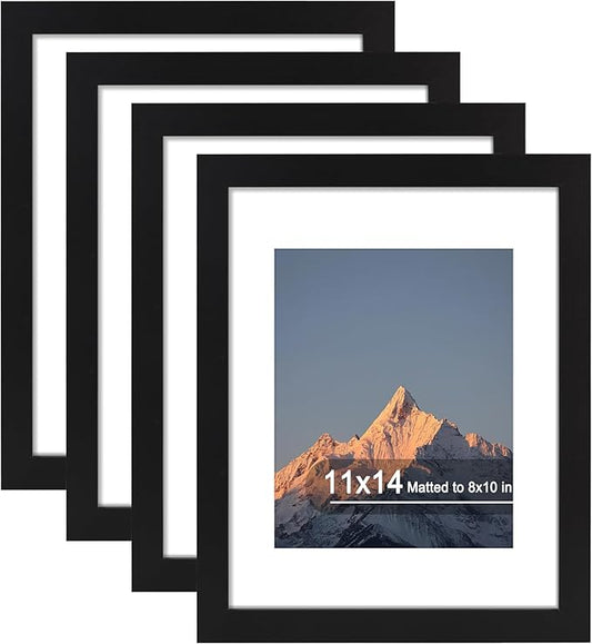 SZYUU 11x14 Picture Frame Set of 4, High Definition Real Glass, Display Pictures 8x10 with Mat or 11x14 Without Mat, Galle...