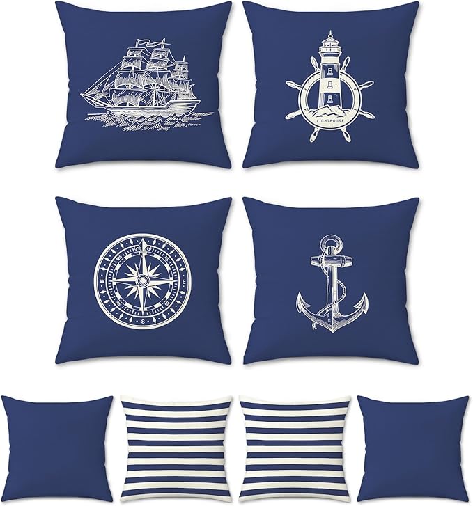 Bonhause Nautical Navy Blue Pillow Covers 18x18 Set of 4 Anchor Lighthouse Sailboat Compass Decorative Pillow Cases Linen ...