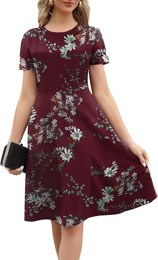 Women's 2026 Fit and Flare Dress Summer Casual Elegant Vintage Floral Printed Work Party A-line Dress with Pockets 162
