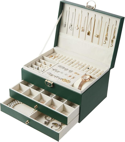 XRXYX 3 Layer Jewelry Box with Lock, Women Large Jewelry Holder Organizer with Drawer for Necklaces, Rings, Bracelets, Ear...