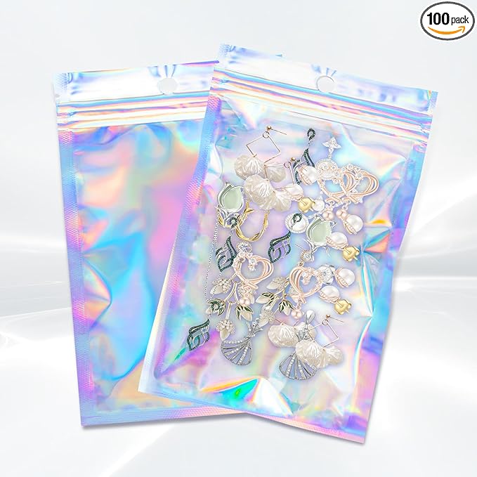 100Pcs Holographic Packaging Bags, 3.1x4.7 inch Resealable Foil Pouch Mylar Sample Bag Great for Small Business and Party ...