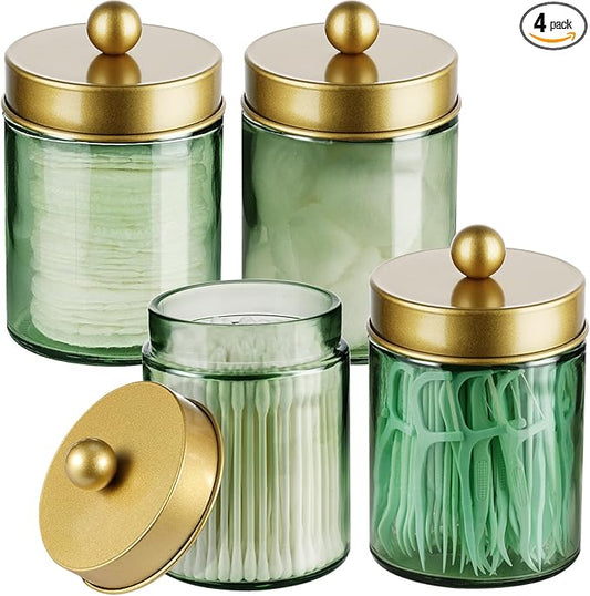 Amolliar Sage Green Apothecary Glass Jar With Metal Lid & Stickers, Bathroom Qtip Holder Storage Canister, Farmhouse Decor...