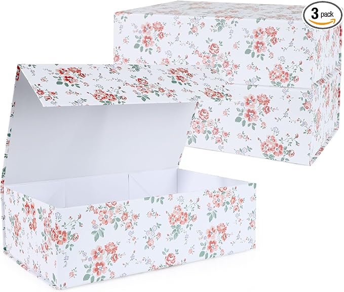 LFBOX Rose Floral Gift Box with Magnetic Lids 13.8x8.3x4.4 in, Large Bridesmaid Proposal Boxes, Rectangle Wedding Decorati...