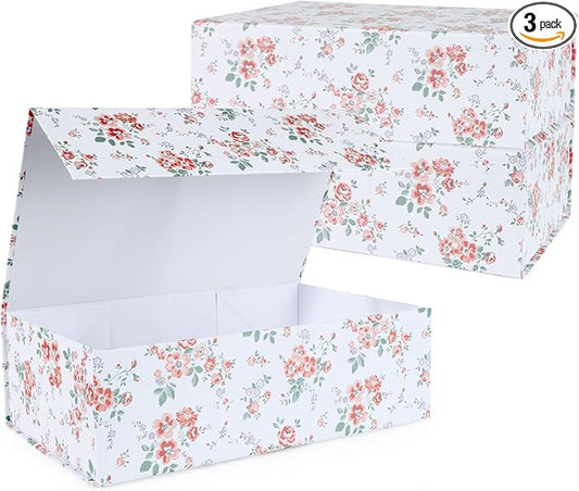 LFBOX Rose Floral Gift Box with Magnetic Lids 13.8x8.3x4.4 in, Large Bridesmaid Proposal Boxes, Rectangle Wedding Decorati...