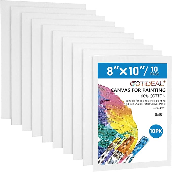 GOTIDEAL Canvas Boards, 8x10 inch Set of 10,Gesso Primed White Blank Canvases for Painting - 100% Cotton Art Supplies Canv...