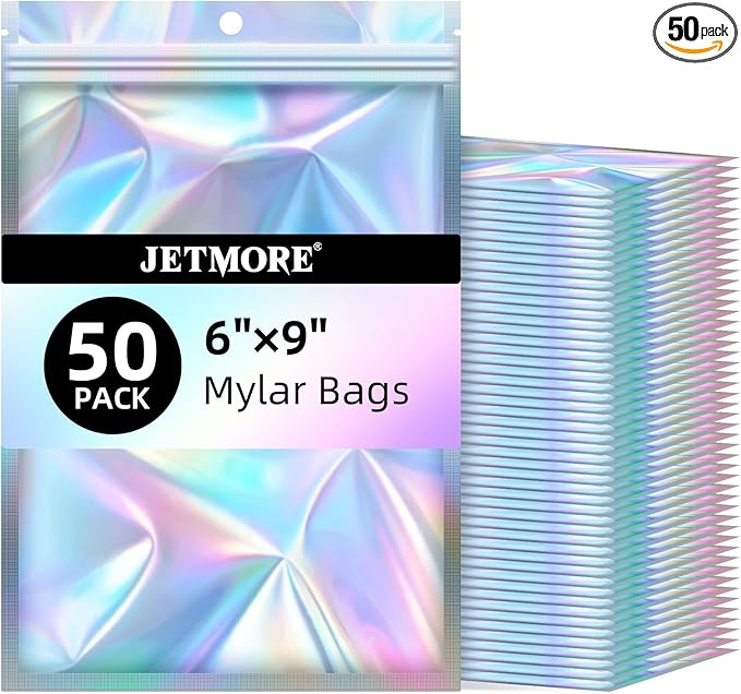 JETMORE 50 PCS Mylar Bags 6x9in, Resealable Holographic Bags, Clear Smell Proof Bag for Gift, Party Favor, Jewelry, Candy,...