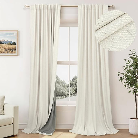100% Blackout Curtains 84 Inch Length 2 Panels Set Neutral Boho Linen Farmhouse for Bedroom Windows Living Room Darkening ...