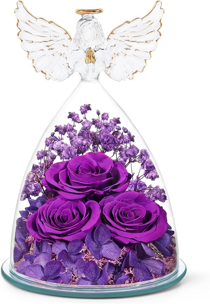 FIACO Gifts for Mom Grandma from Daughter Mothers Day Preserved Roses Forever Flowers in Glass Angel Figurines Fresh Flowe...