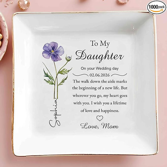 huglift To My Daughter on Your Wedding Day Personalized Ceramic Jewelry Tray, Daughter Floral Jewelry Dish from Mom, Custo...