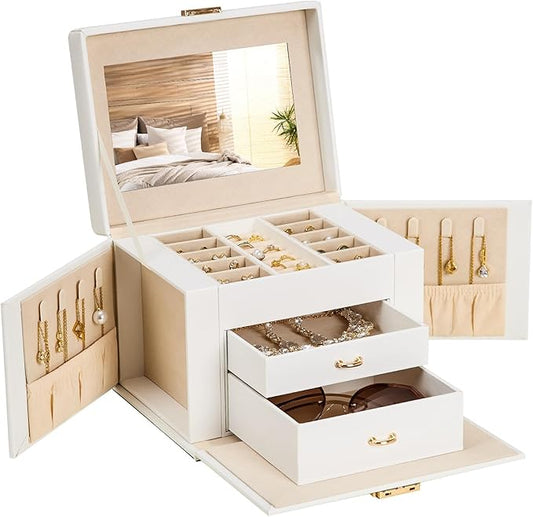 Homde Mothers Day Gifts Girls Jewelry Box with Lock: 3 Layer Organizer with Mirror - Necklace Ring Earring Storage for Dre...