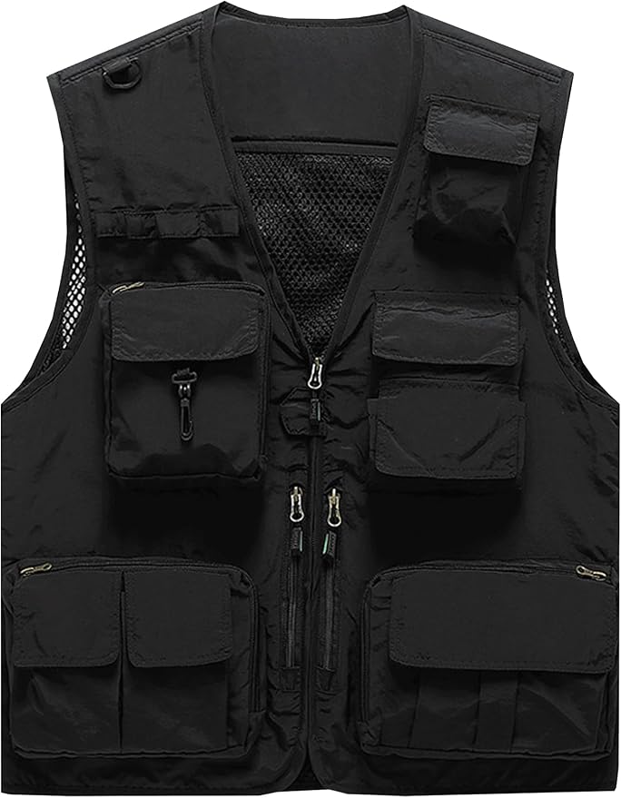 Flygo Men's Casual Lightweight Outdoor Fishing Work Safari Travel Photo Cargo Vest Jacket Multi Pockets