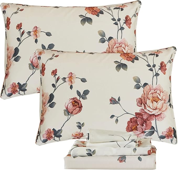 FADFAY Sheets Set Twin Shabby Beige Floral Bedding Elegant Peony Sheets Set Vintage Flower Bedding Collections Soft 100% E...