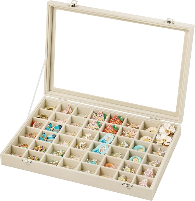 Frebeauty 48 Grid Jewelry Tray,Adjustable Earring Holder Organizer with Glass Lid,Velvet Drawer Jewelry Organizer for Ring...