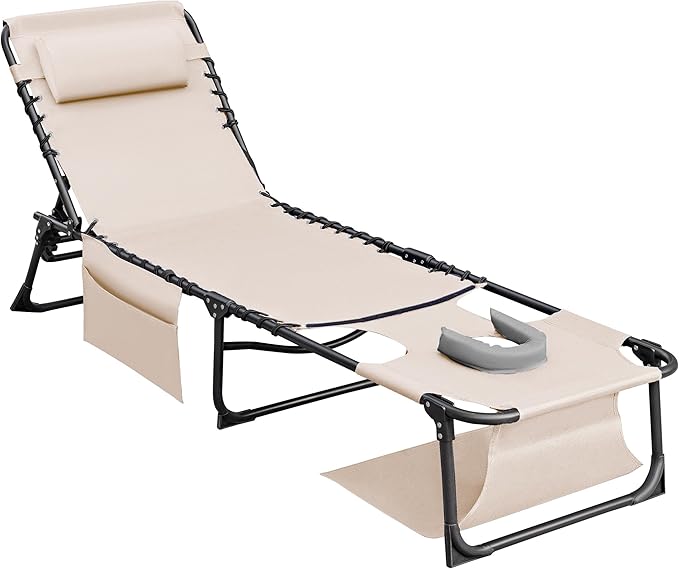 Flamaker Face Down Chaise Lounge Chair 5-Position Adjustable Sunbathing, Foldable Tanning Chair with Face& Arm Holes, Outd...