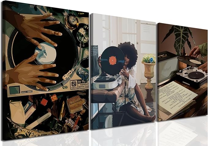 YFvrPt Black Girl Wall Art Decor Modern Black Woman Painting Prints, Set of 3 African American Music Record Player Poster ...