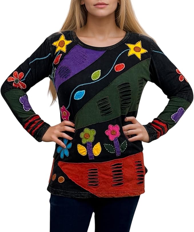 Agan Traders 2026 Summer Bohemian Tops for Women - Rib Knit Cotton Funky Patch Retro Hand Women's Embroidered Blouses