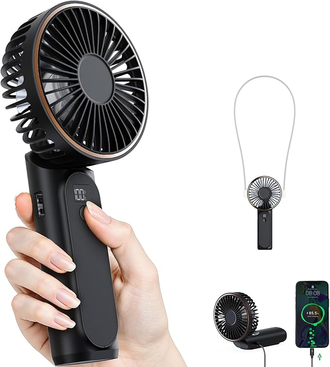 TUNISE Portable Handheld Fan, Portable Fan Rechargeable, 4000mAh, 180° Adjustable, 6 Speed Wind, Display Electricity in Re...