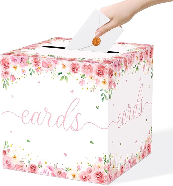 QISOLIY Pink Floral Card Box for Party, White Gift Card Holder & Money Box with Watercolor Flowers for Wedding, Bridal Sho...