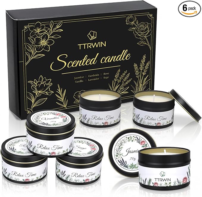 TTRWIN Relaxing Scented Candles Gift Set - 6 Natural Soy Wax Candles for Cosy Home, Aromatherapy Soy Candles in Jars, Stre...