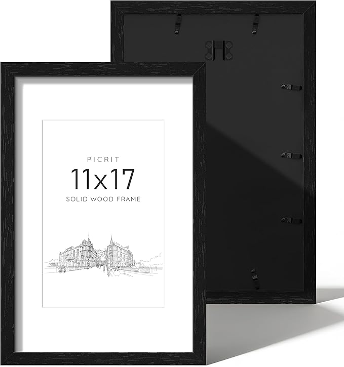 Picrit 11x17 Picture Frame Set of 2, Solid Wood with Black Backboard, Displays 8x12 with Mat or 11 x 17 Without Mat, Wall ...