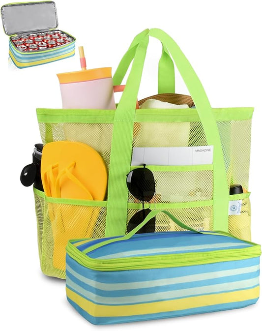 Genteen Sandproof Mesh Beach Bag with Detachable Cooler, Waterproof Zipper Tote Bag for Women Swim Pool Vacation Travel