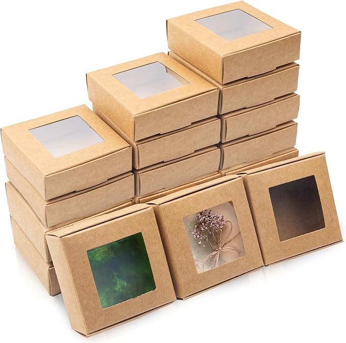 QUYLIXX 100 Pcs Soap Packaging Boxes with Window Mini Kraft Paper Boxes Bulk Treat Favor Boxes Rectangle Gift Soap Boxes f...