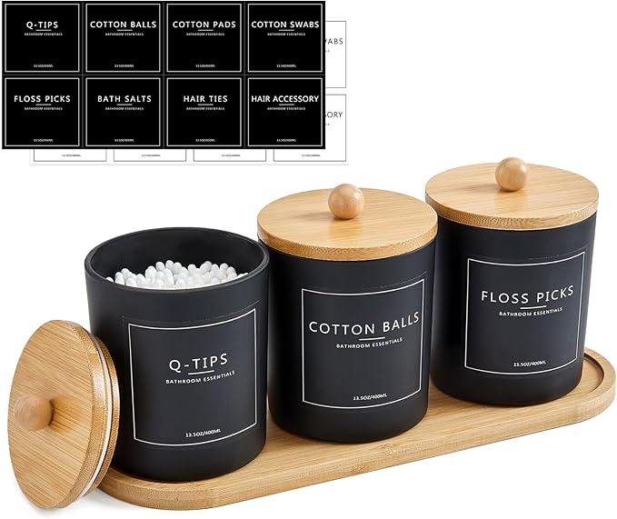 3 Pack Qtip Holder Bathroom Set with Tray,13.5oz Cotton Round Ball Pad Holder Cotton Swab Floss Pick Dispenser,Bathroom Or...