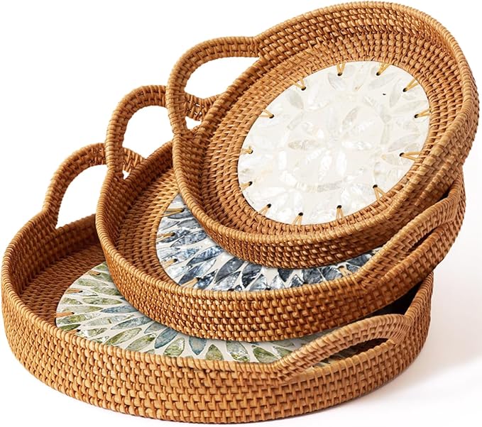 Mothers Day Gifts Set – 3 Handwoven Rattan Trays with Natural Shell Inlay, Boho Decorative Wicker Serving & Coffee Table T...