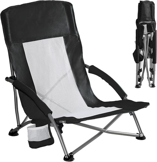 DUMOS Low Beach Chair for Adults, Lightweight Folding Beach Chair with Cup Holder, Storage Bag, Breeze Mesh Back, Padded A...