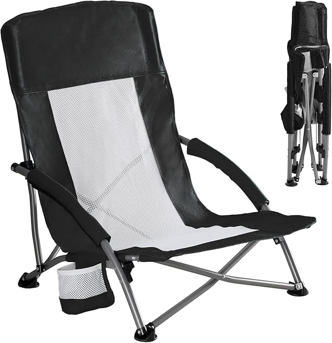 DUMOS Low Beach Chair for Adults, Lightweight Folding Beach Chair with Cup Holder, Storage Bag, Breeze Mesh Back, Padded A...